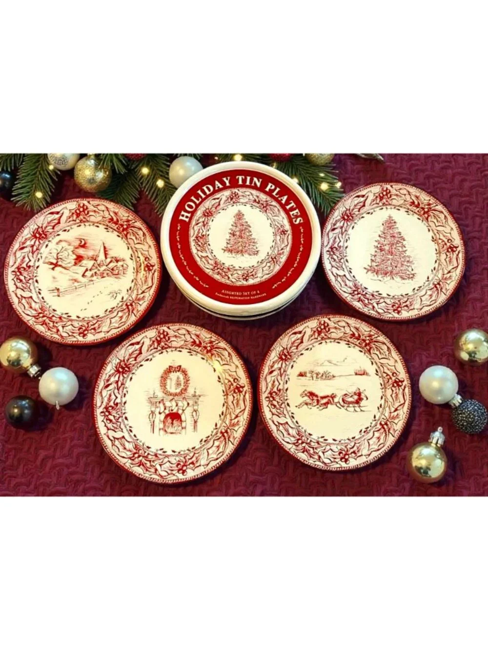 Holiday Tin Plates Set Of 4 Red & White Christmas Tree Design Tableware